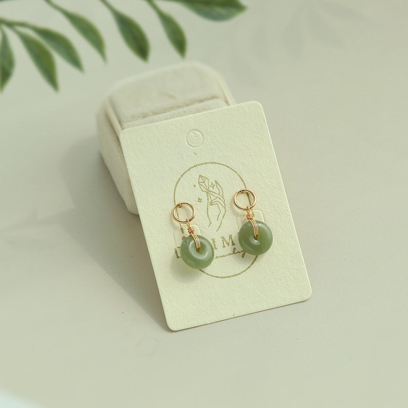 Dainty 18K Gold Natural Green Jade Donuts Earring,Minimal Circle Jade Silver Earring Drop,Good Luck EarStuds Dangle Christmas Gift For women image 1