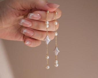 Long Baroque Pearl Dangle Earring,Unique Natural Freshwater Pearl Stud Earrings,Dainty Bridal Jewelry Set,Bridesmaids Wedding Gifts For Her
