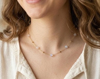 Minimalist Moonstone Beaded Necklace: June Birthstone Layering Choker, Healing Crystal Gift for Her