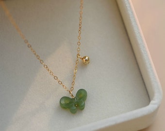 Dainty Jade Butterfly Pendant Gold Bead Necklace, Natural Green Jade, Adjustable Choker Necklaces, Good Luck Chain Gift for Mother