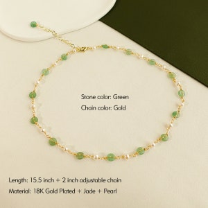 Sierlijke Jade kralen hanger ketting, 14K goud groene Jade zoetwaterparel choker, kettingen ketting verjaardag cadeaus voor moeder minnaar leggen afbeelding 4