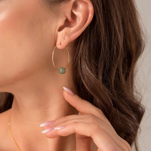 Unique Natural Green Hoop Earrings, 14K GoldFilled Minimalist Circle Jade EarDrop Jewelry Hooks, Lucky Earstud Dangle Birthday Anniversary