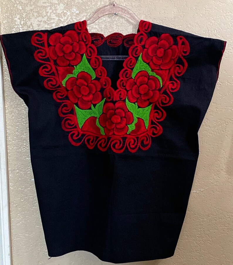 Black Traditional Mexican embroidered Huipil blouse Oaxaca