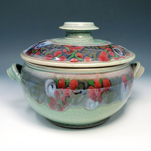 Covered Ceramic Casserole Dish with Handles - Green with Red Berries and Swirls - Unique Handmade Pottery