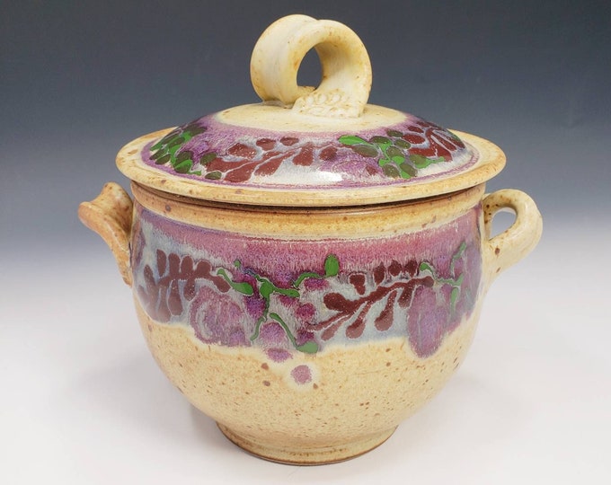 Lidded Ceramic Jar With Handles Cannister in Tan/orange With Purple