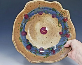Pottery Serving Bowl Tan with Brown Wavy Rim Handmade Ceramic Gift