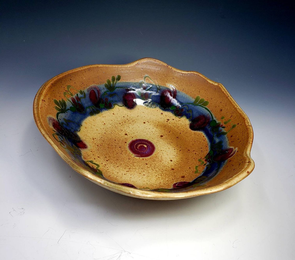 Wavy Rim Ceramic Open Bowl Warm Orange with Red and Blue Etsy