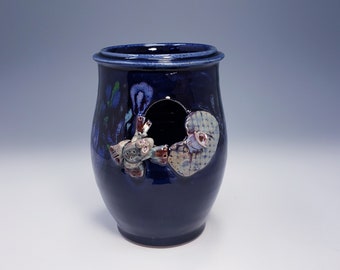 Cobalt Blue Ceramic Flower Vase with Frog in a Window -  - Unique Handmade Pottery