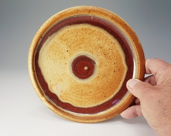 Ceramic Side or Under Plate - Tan with a Red Stripe and Swirl - Handmade Pottery