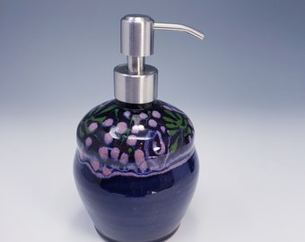 Lotion or Soap Dispenser - Rich Cobalt Blue with Patterns in Purple and Teal - Handmade Art Pottery