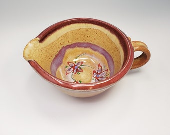 Ceramic Mixing Bowl with Handle and Spout - Warm Tan with Red Rim  - Batter Bowl