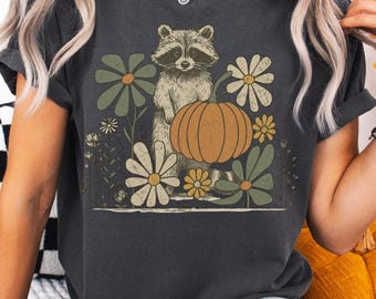Raccoon Pumpkin Shirt: Vintage Fall Flower Graphic Tee