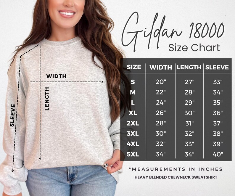 May include: A light gray heavy blended crewneck sweatshirt with a size chart. The chart shows measurements in inches for width, length, and sleeve length, ranging from size small to 5XL. The sweatshirt is being modeled.