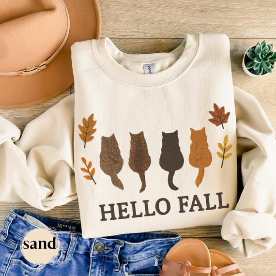 Hello Fall Cat Shirt and Sweatshirt: Autumn Cozy Pumpkin Patch Animal Tee