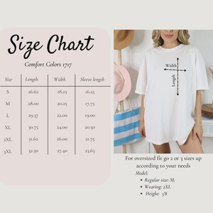 May include: A white oversized t-shirt is displayed with a size chart and measurements in inches. The chart includes sizes S to 3XL, with length, width, and sleeve length measurements. The text says "For oversized fit go 2 or 3 sizes up according to your needs."