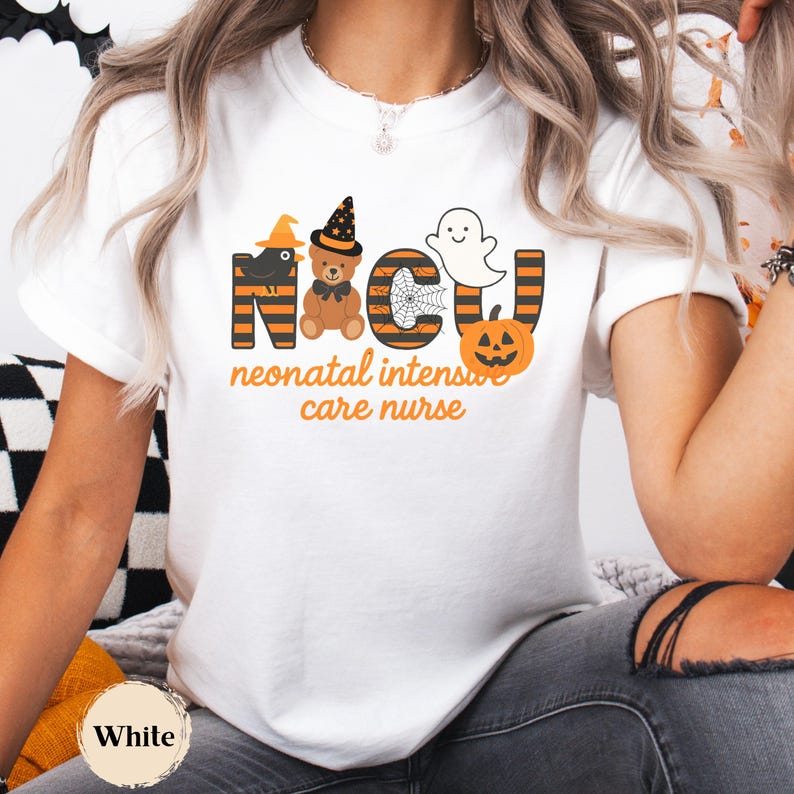 Spooky Season NICU Nurse T-Shirt, Neonatal Intensive Care Halloween Graphic Tee in White.