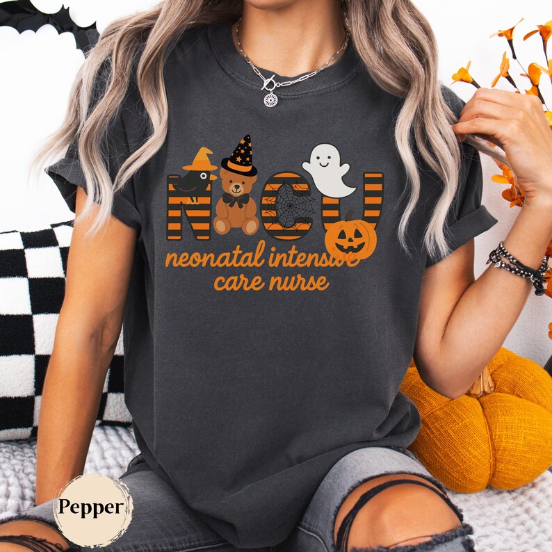 Comfort Colors Style Halloween NICU Nurse Shirt with Ghost and Pumpkin Design.