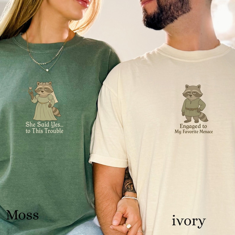 Medieval raccoon bride illustration with whimsical engagement phrase.