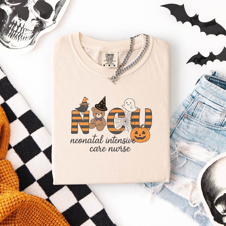 Halloween NICU Nurse Shirt with Ghost, Pumpkin and Teddy Bear Design for Neonatal Intensive Care Nurses.