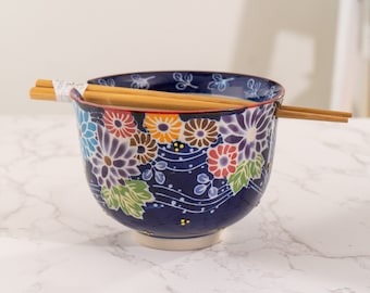 Hand painted Ceramic Glazed Japanese Floral Mix Donburi Ramen Udon Noodle Bowl with Chopsticks Gift Set 5 Inch Diameter 16 Fl oz