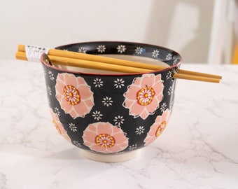 Hand painted Ceramic Glazed Japanese Cherry Blossoms Donburi Ramen Udon Noodle Bowl with Chopsticks Gift Set 5 Inch Diameter 16 Fl oz