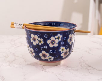 Hand painted Ceramic Glazed Japanese Plum Blossoms Donburi Ramen Udon Noodle Bowl with Chopsticks Gift Set 5 Inch Diameter 16 Fl oz