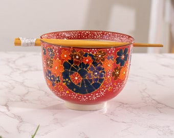 Hand painted Ceramic Glazed Japanese Flower Sakura Design Donburi Ramen Udon Noodle Bowl with Chopsticks Gift Set 5 Inch Diameter 16 Fl oz