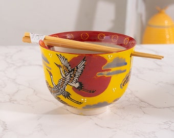 Handpainted Ceramic Glazed Japanese Crane Design Donburi Ramen Udon Noodle Bowl with Chopsticks Gift Set 5 Inch Diameter 16 Fl oz