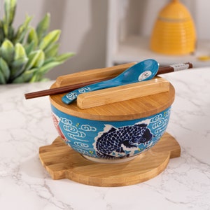 Hinomaru Collection Kamameshi Style Noodle Bowl with Bamboo Lid Trivet Chopsticks & Porcelain Spoon Bowl Set Hand Painted Koi Fishes Design