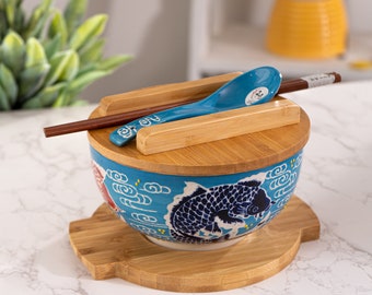 Hinomaru Collection Kamameshi Style Noodle Bowl with Bamboo Lid Trivet Chopsticks & Porcelain Spoon Bowl Set Hand Painted Koi Fishes Design