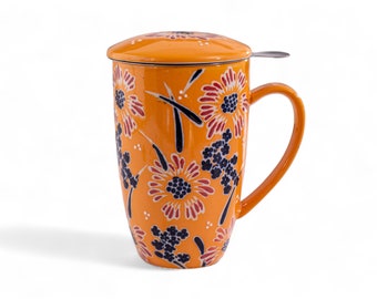 Tea Time Ceramic Tea Cup with Infuser and Lid 15 fl oz Stainless Steel Infuser Mug for Loose Leaf Tea Handpainted Floral Design