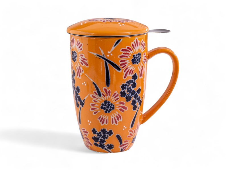 Tea Time Ceramic Tea Cup with Infuser and Lid 15 fl oz Stainless Steel Infuser Mug for Loose Leaf Tea Handpainted Floral Design zdjęcie 1