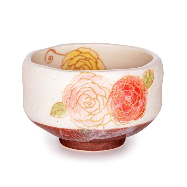 Japanese Traditional Tea Ceremony Rose Design Mini Matcha Bowl Chawan Textured Glaze Floral Design Handcrafted in Japan