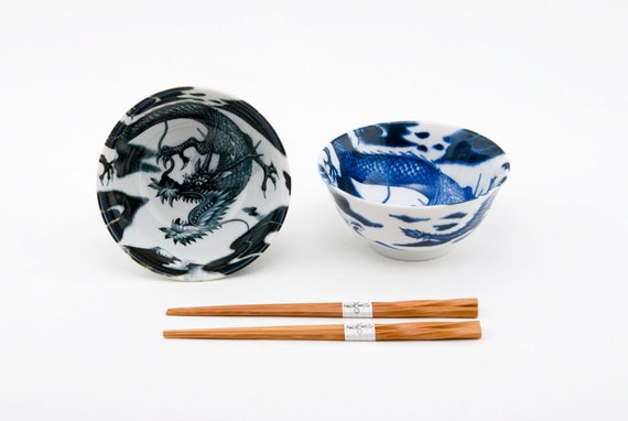 SET of 2 Japanese Rice Soup Noodle Bowl 6"D Porcelain Blue RYU Dragon JAPAN MADE 