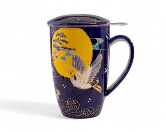Tea Time Ceramic Tea Cup with Infuser and Lid 15 fl oz Stainless Steel Infuser Mug for Loose Leaf Tea Handpainted Moon Crane Design