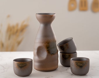 Sake Cups 5 Piece Blue Leaves Ceramic Japanese Sake Set With