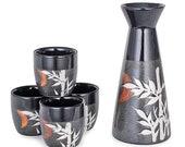 Asian Lucky Bamboo Design Japanese Style Sake Set With 8 fl oz Porcelain Sake Tokkuri Bottle Decanter and Four Ochoko Cups Drinkware Set