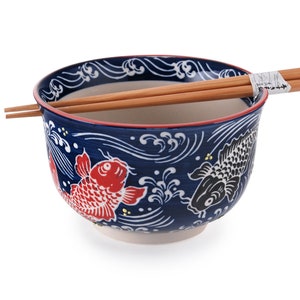Japanese Koi Fish Design Quality Japanese Ramen Udon Noodle Bowl with Chopsticks Gift Set 6 Inch Diameter 24 Fl oz