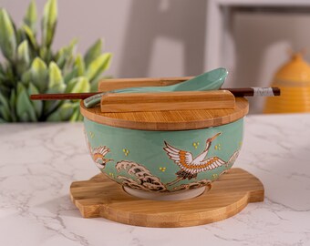 Hinomaru Collection Kamameshi Style Noodle Bowl with Bamboo Lid Trivet Chopsticks & Porcelain Spoon Bowl Set Hand Painted Crane Design