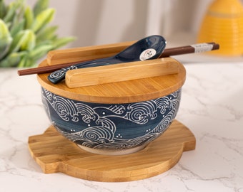 Hinomaru Collection Kamameshi Style Noodle Bowl with Bamboo Lid Trivet Chopsticks & Porcelain Spoon Bowl Set Hand Painted Blue Waves Design