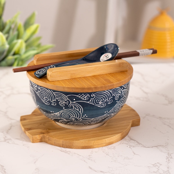 Hinomaru Collection Kamameshi Style Noodle Bowl with Bamboo Lid Trivet Chopsticks & Porcelain Spoon Bowl Set Hand Painted Blue Waves Design