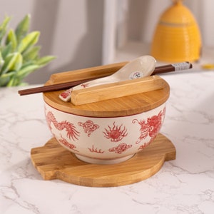 Hinomaru Collection Kamameshi Style Noodle Bowl with Bamboo Lid Trivet Chopsticks & Porcelain Spoon Bowl Set Hand Painted Red Dragon Design