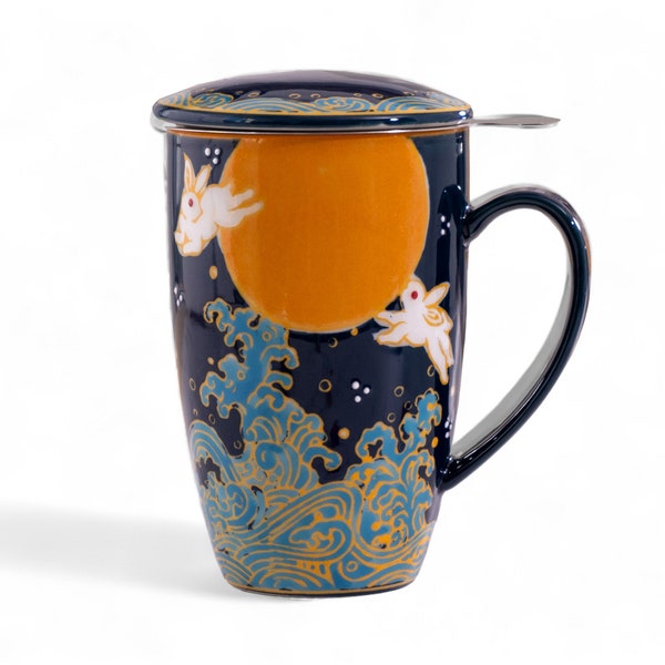 Tea Time Ceramic Tea Cup with Infuser and Lid 15 fl oz Stainless Steel Infuser Mug for Loose Leaf Tea Handpainted Moon Rabbit Design