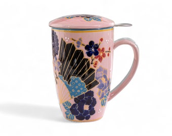 Tea Time Ceramic Tea Cup with Infuser and Lid 15 fl oz Stainless Steel Infuser Mug for Loose Leaf Tea Handpainted Fan Festival Design