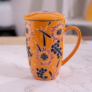 Tea Time Ceramic Tea Cup with Infuser and Lid 15 fl oz Stainless Steel Infuser Mug for Loose Leaf Tea Handpainted Floral Design zdjęcie 3