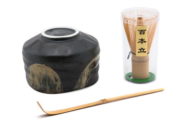 Handcrafted Porcelain Matcha Set Brown Chawan Green Tea Bowl Matcha Whisk and Spoon