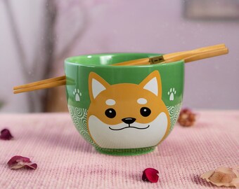 Hinomaru Collection Ceramic Glazed Shiba Inu Dog Donburi Ramen Udon Noodle Bowl with Chopsticks Gift Set 5 Inch Diameter 16 Fl oz