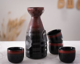 5 Piece Japanese Sake Set With 10 fl oz Porcelain Sake Tokkuri Bottle Decanter and Four Ochoko Cups Drinkware Set