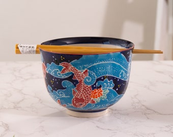 Hand painted Ceramic Glazed Japanese Flower Koi Fish Donburi Ramen Udon Noodle Bowl with Chopsticks Gift Set 5 Inch Diameter 16 Fl oz
