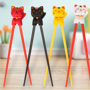 Lucky Cat Maneki Neko Training Chopsticks With Silicone Topper Reusable Beginner Chopsticks Helper For Adults or Children 4 Color Pack